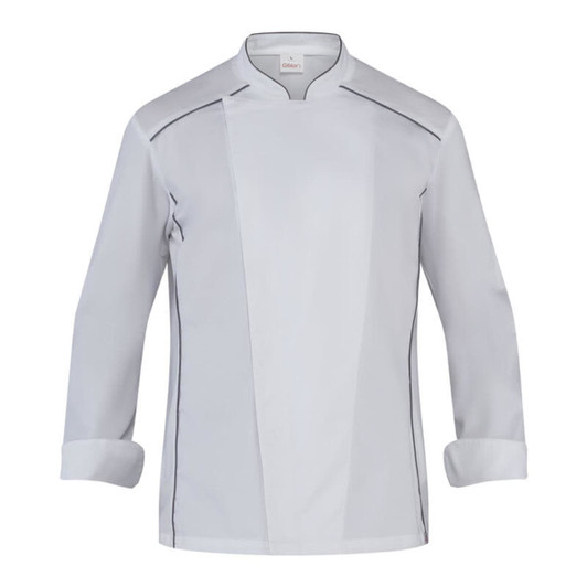 A chef jacket in white with contrasting details, featuring a stylish design and a logo. Suitable for culinary professionals.