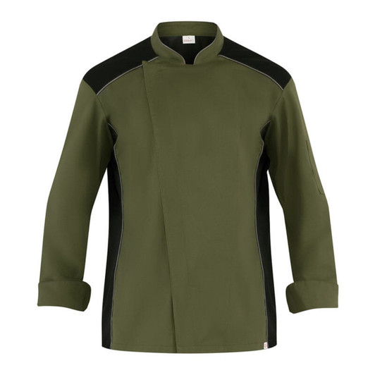 An olive green chef jacket featuring black accents and a fitted design, with a logo on the sleeve.