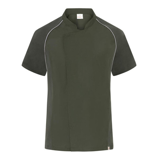 A short-sleeved chef jacket in dark green with contrasting piping, featuring a logo on the neckline.