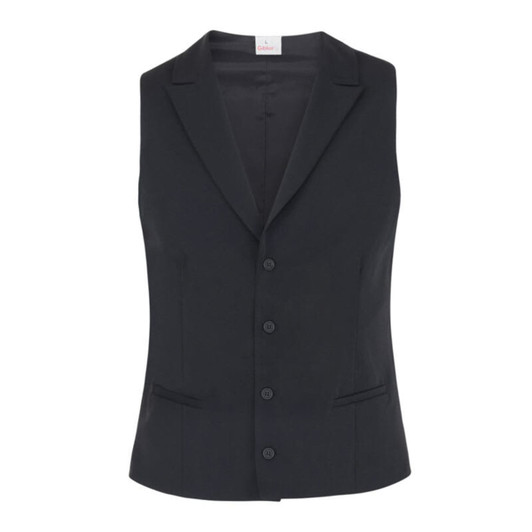A black sleeveless vest with a notched collar and button closure, featuring two front pockets.