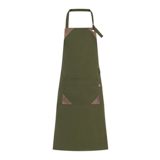 A green apron featuring brown accents and a front pocket, designed for workwear. It includes a brand logo.