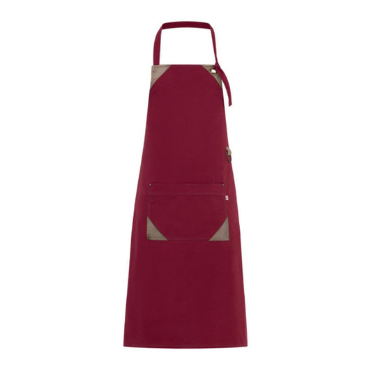 A burgundy apron with tan accents and a pocket, featuring a logo. Ideal for workwear use.