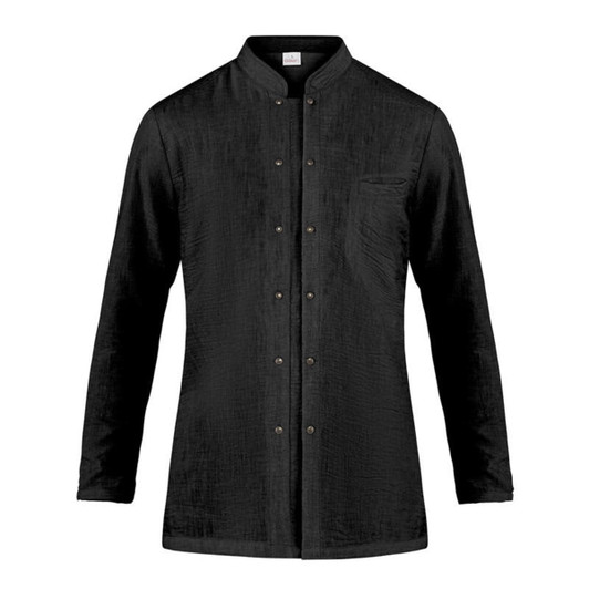 A black jacket with a button-up front and a single chest pocket, featuring a logo.