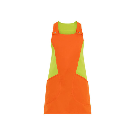 An orange and green Levante apron/pinafore with pockets and adjustable straps, featuring a logo.