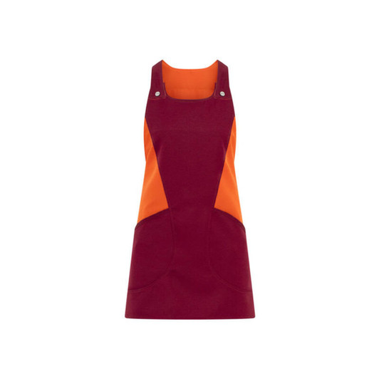 A maroon and orange Levante apron with a pinafore design, featuring two front pockets and snap buttons.