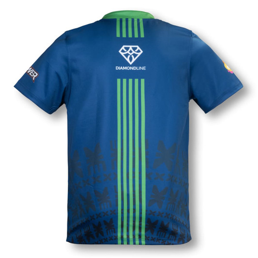 A blue rugby T-shirt featuring green accents and a patterned design, with a logo on the back.