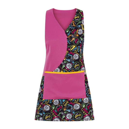 A pink apron featuring a colourful design with various patterns and a front pocket. It has a logo on it.