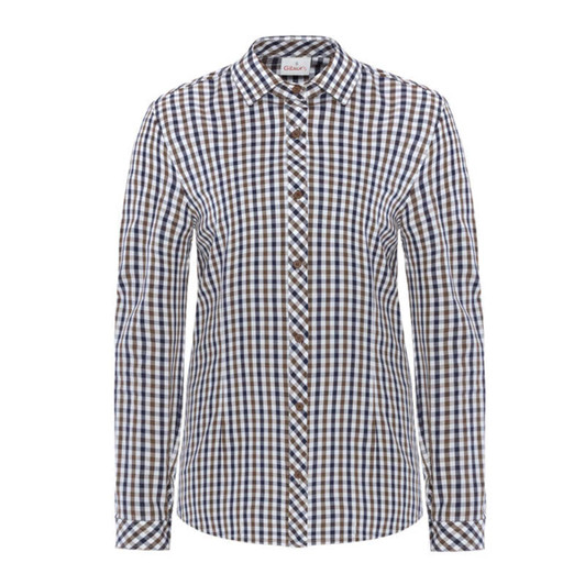 A button-up shirt featuring a brown and navy check pattern with a collar and long sleeves. It has a logo on the label.