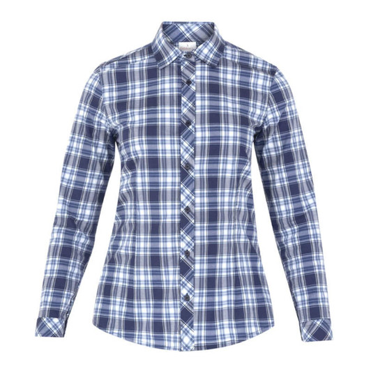 A button-up shirt featuring a blue and white plaid pattern with long sleeves and a collar.
