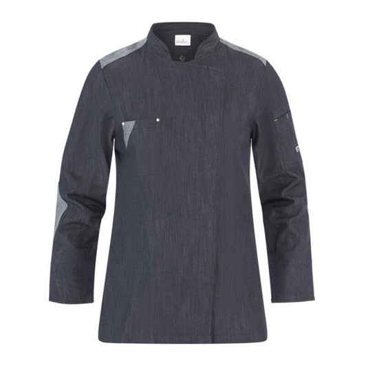 A dark grey chef jacket featuring a modern design and a small pocket. Includes branding on the sleeve.