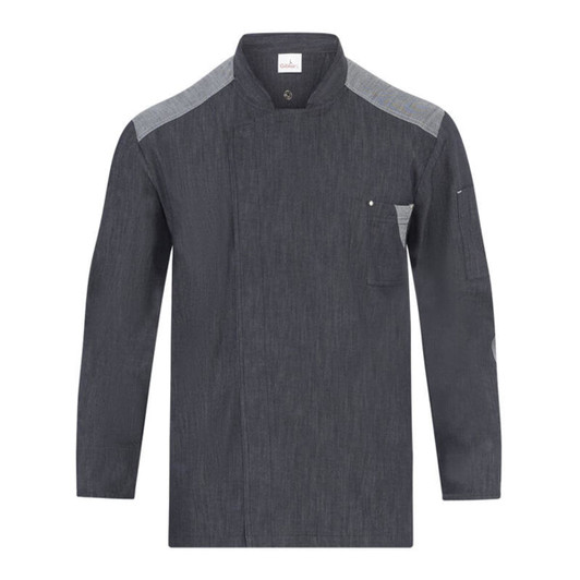 A dark grey chef jacket with grey accents, featuring a front pocket and a logo on the chest.