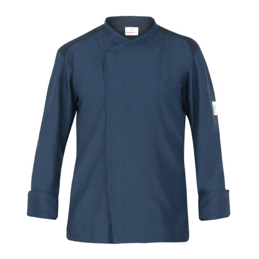 A navy chef jacket featuring long sleeves, a collarless design, and a single pocket with a logo.