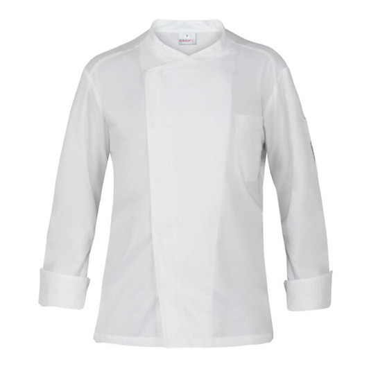 A white chef jacket featuring a double-breasted design and long sleeves, with a single pocket and branding label.