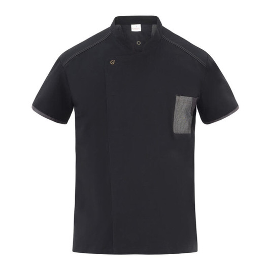 A black tunic with a short collar, featuring a front pocket and a logo on the chest.
