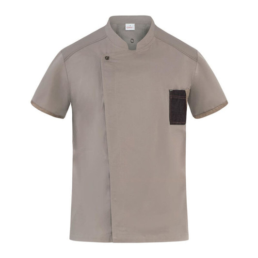 A grey short-sleeved tunic featuring a single pocket, designed for uniforms. It has a subtle logo on the chest.