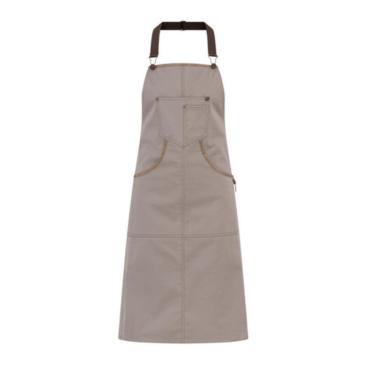 A beige apron with a pocket and dark brown straps, featuring a logo on the front.