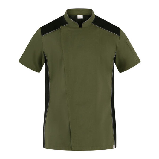 A short-sleeved chef jacket in olive green with black accents and a branding logo.