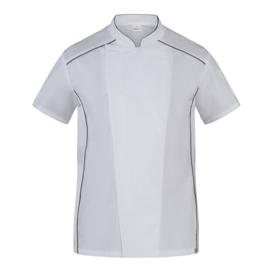 A short-sleeved chef jacket in white with contrasting black piping and a sleek design. It features a logo.