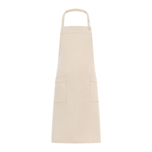 A light beige apron with a solid design and two front pockets. It features a branding logo on the strap.