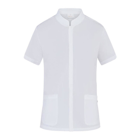 A white tunic with short sleeves and two front pockets, featuring a subtle logo.