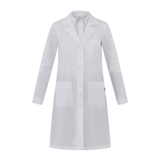 A white lab coat with long sleeves, two front pockets, and a collar, featuring a small logo.