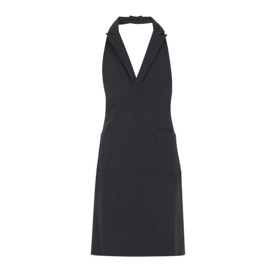 A black apron featuring a halter neck design and two front pockets, complete with a discreet logo.