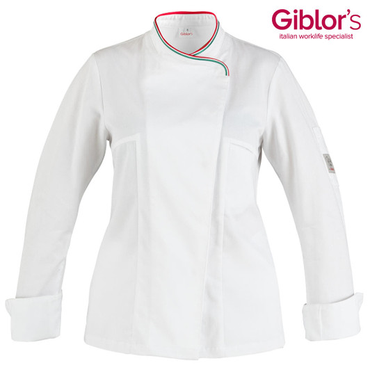 A white chef jacket with a unique collar design and a logo present. The jacket features an Italian flag detail.