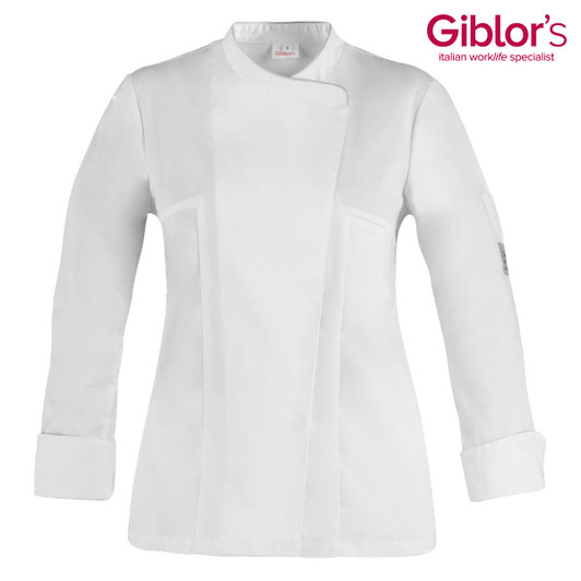 A white chef jacket with a modern cut and long sleeves, featuring a logo on the sleeve.