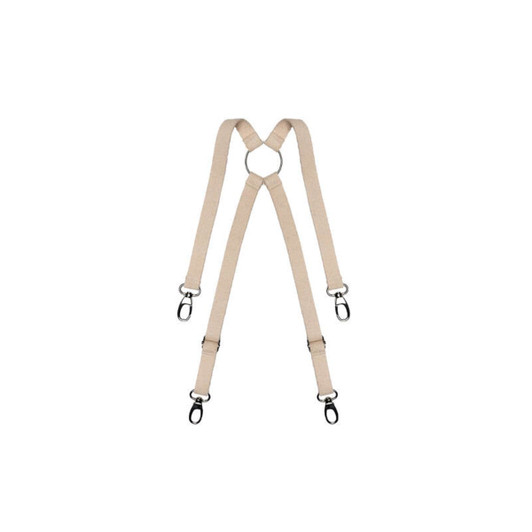 Beige apron braces with metal clasps, designed for securing aprons. Features an adjustable design.