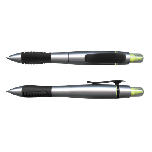 A silver and black duo pen with a highlighter feature, showcasing a sleek design and ergonomic grip.