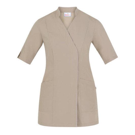 A beige tunic with a wrap design and short sleeves, featuring two front pockets and a branding logo.