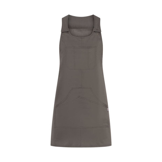 A grey Zonda Pinafore dress featuring adjustable straps and front pockets, with a branding logo.