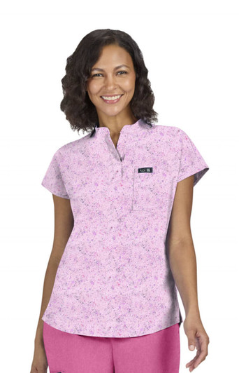A pink floral short-sleeved top with a collar, featuring a small pocket and a logo on the front.