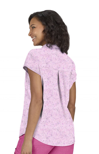 A women's short-sleeve top in pink with a floral print, featuring a back pleat and a rounded hem.