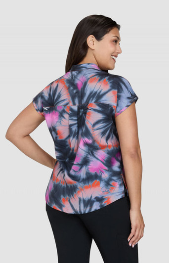 A tie-dye top featuring a blend of blue, pink, and black colours, with a short-sleeve design and a back detail.
