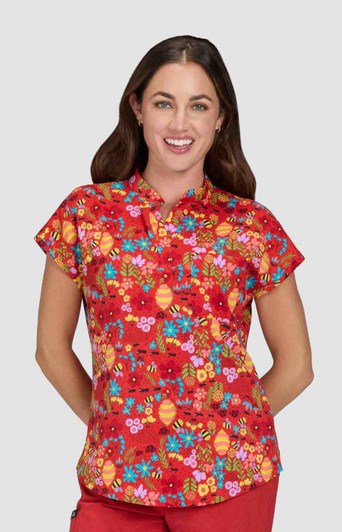 A vibrant red floral top with short sleeves and a mandarin collar, featuring colourful patterns and a logo.