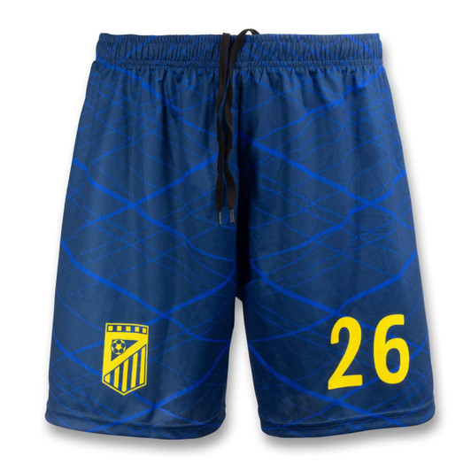 Custom men's soccer shorts in blue with a wave pattern and a logo. Features a yellow number 26.