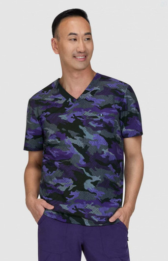 A short-sleeved, v-neck shirt featuring a black and purple camouflage pattern, designed for men. It has a logo on the sleeve.