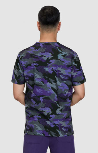 A camouflage t-shirt in shades of purple, black, and grey, featuring a round neckline and short sleeves.