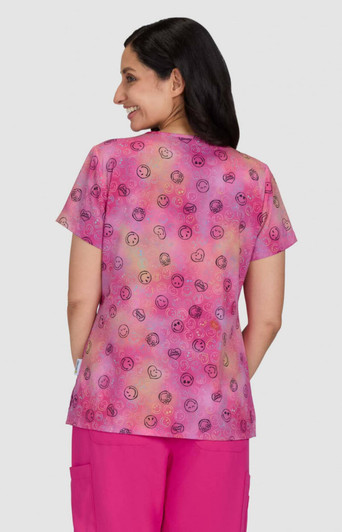 A short-sleeved top featuring a vibrant pink and purple pattern, with a soft fabric and a logo on the back.
