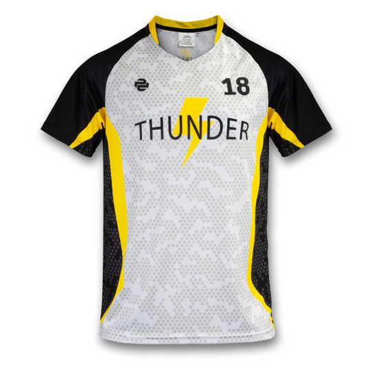 A grey and black men's volleyball top featuring a yellow lightning design and a logo.