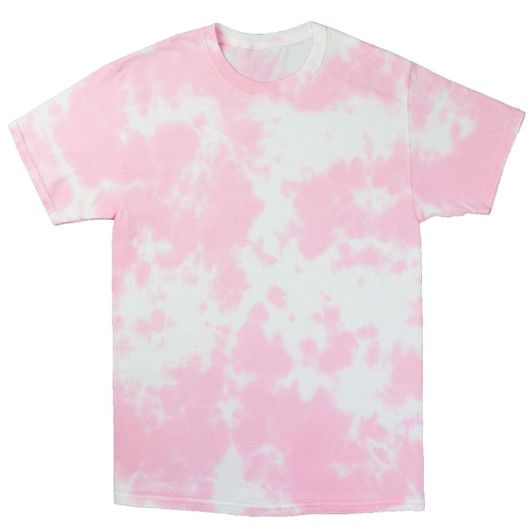 A pink and white tie dye t-shirt with a cloud pattern, featuring a logo on the sleeve.