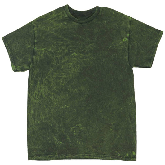 A Mineral Wash Tie Dye T-shirt in various shades of green, featuring a relaxed fit and a logo printed on the front.