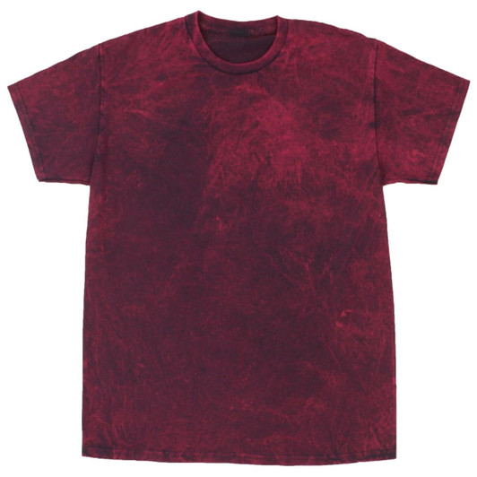 A mineral wash tie dye t-shirt in a deep burgundy colour, featuring a relaxed fit and a brand logo.