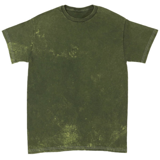 A Mineral Wash Tie Dye T-Shirt in an olive green hue, featuring a relaxed fit and a logo.