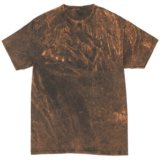 A mineral wash tie dye t-shirt featuring a dark brown and lighter brown pattern, with a round neckline and short sleeves.