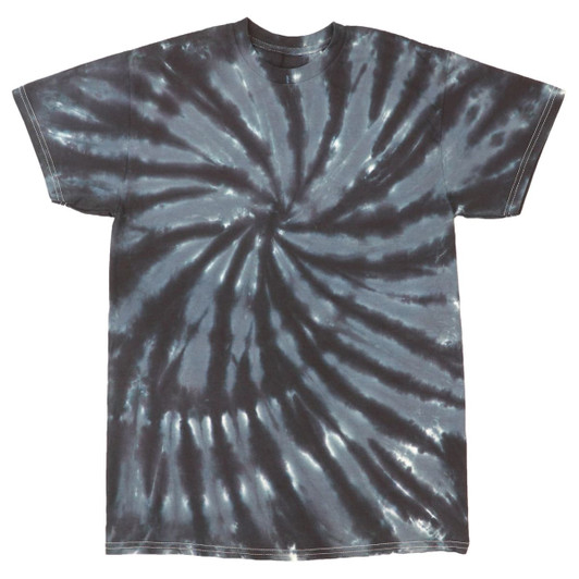 A tone on tone tie dye t-shirt featuring swirling shades of grey and black. It has a round neckline and short sleeves.