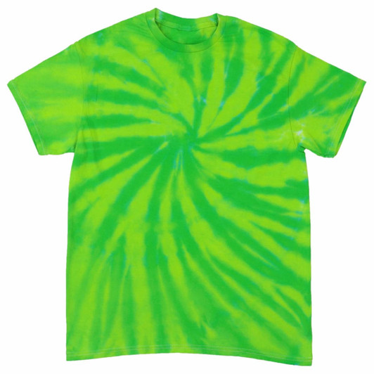 A green tie dye t-shirt featuring a spiral pattern with varying shades of green. The shirt has a logo on it.