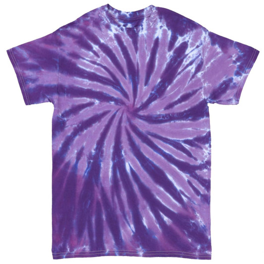 A purple tie-dye t-shirt with a spiral pattern, featuring various shades of purple and white. It has a logo.