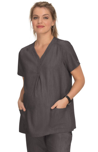 A dark grey maternity top with a V-neck and short sleeves, featuring two front pockets. A logo is visible.